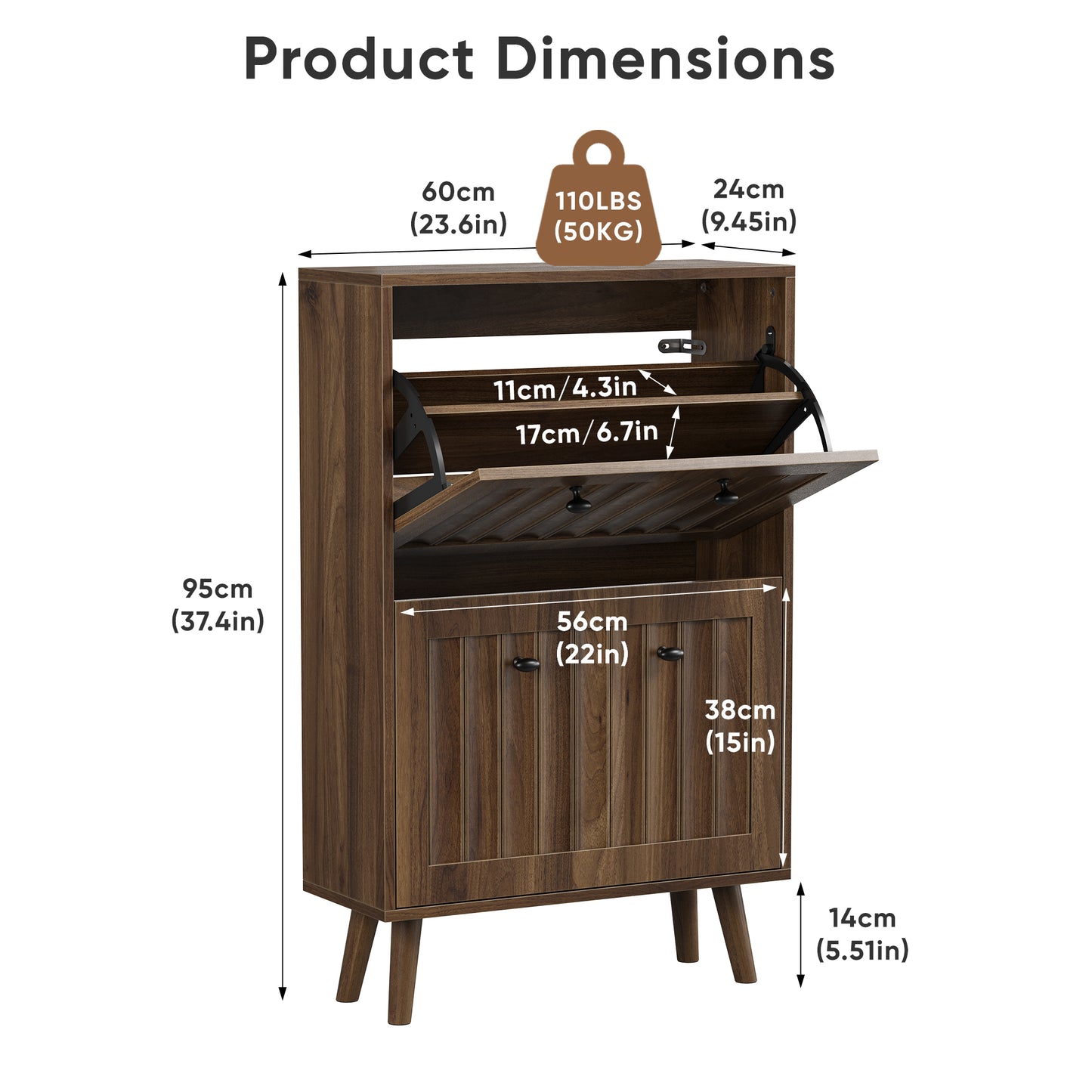 Semiocthome 23.6" Shoe Cabinet with 2 Flip Drawers, Farmhouse Shoe Rack for Entryway ,Walnut
