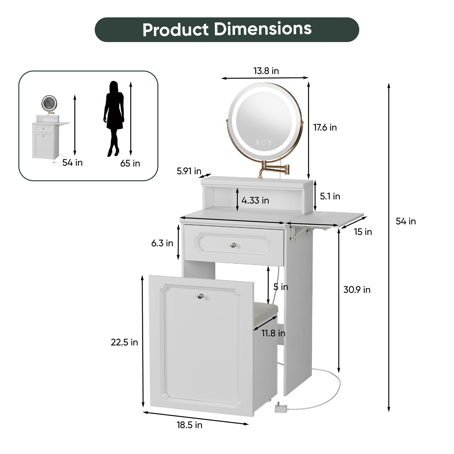 Semiocthome Makeup Vanity with 360° Rotated Mirror Lights, Storage Stool with Wheels