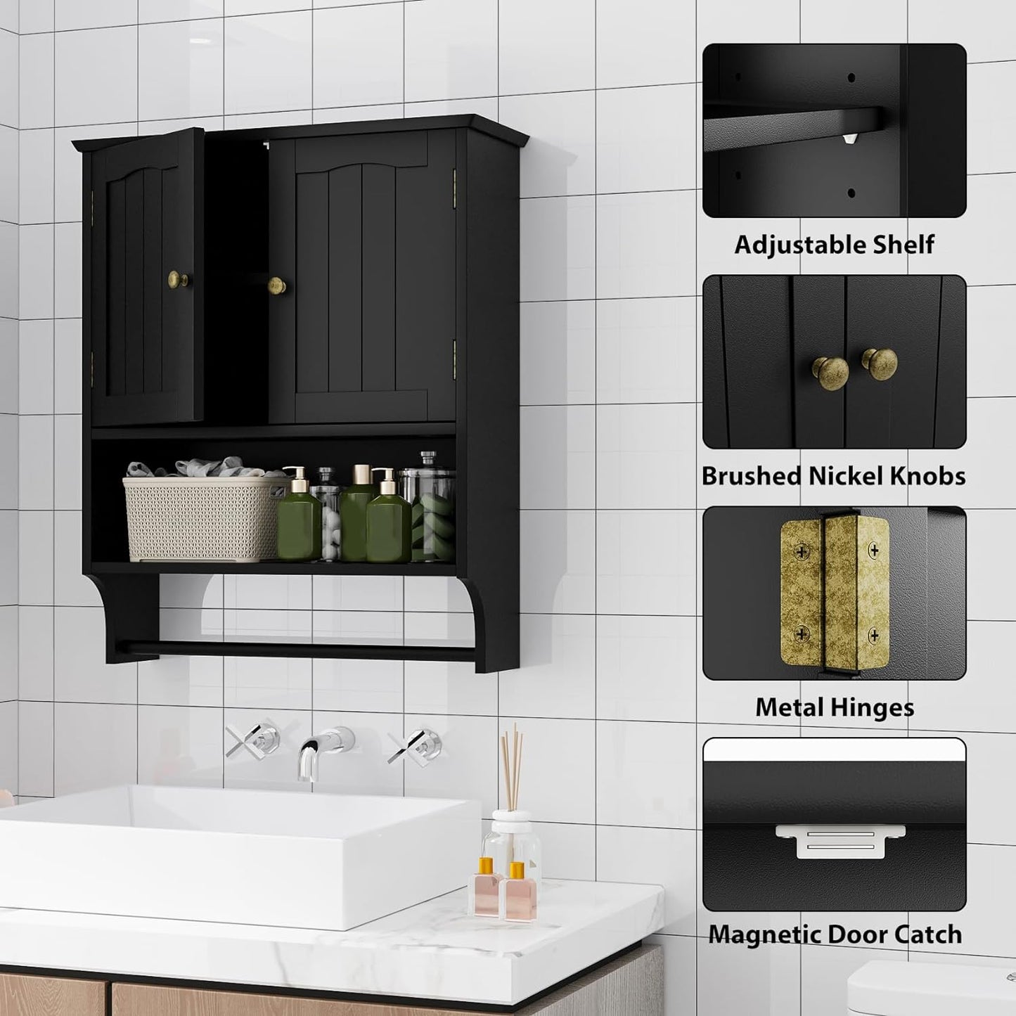 Semiocthome Bathroom Medicine Cabinet Wall Mounted Storage with Towel Bar and 2 Door in Black