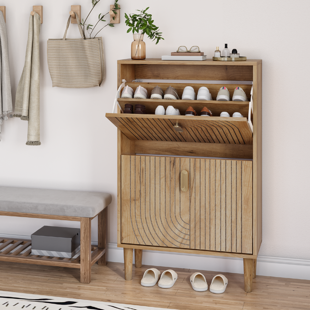 Semiocthome 23.6" Shoe Storage Cabinet with 2 Flip Drawers and Line Groove Design, Entryway, Natural