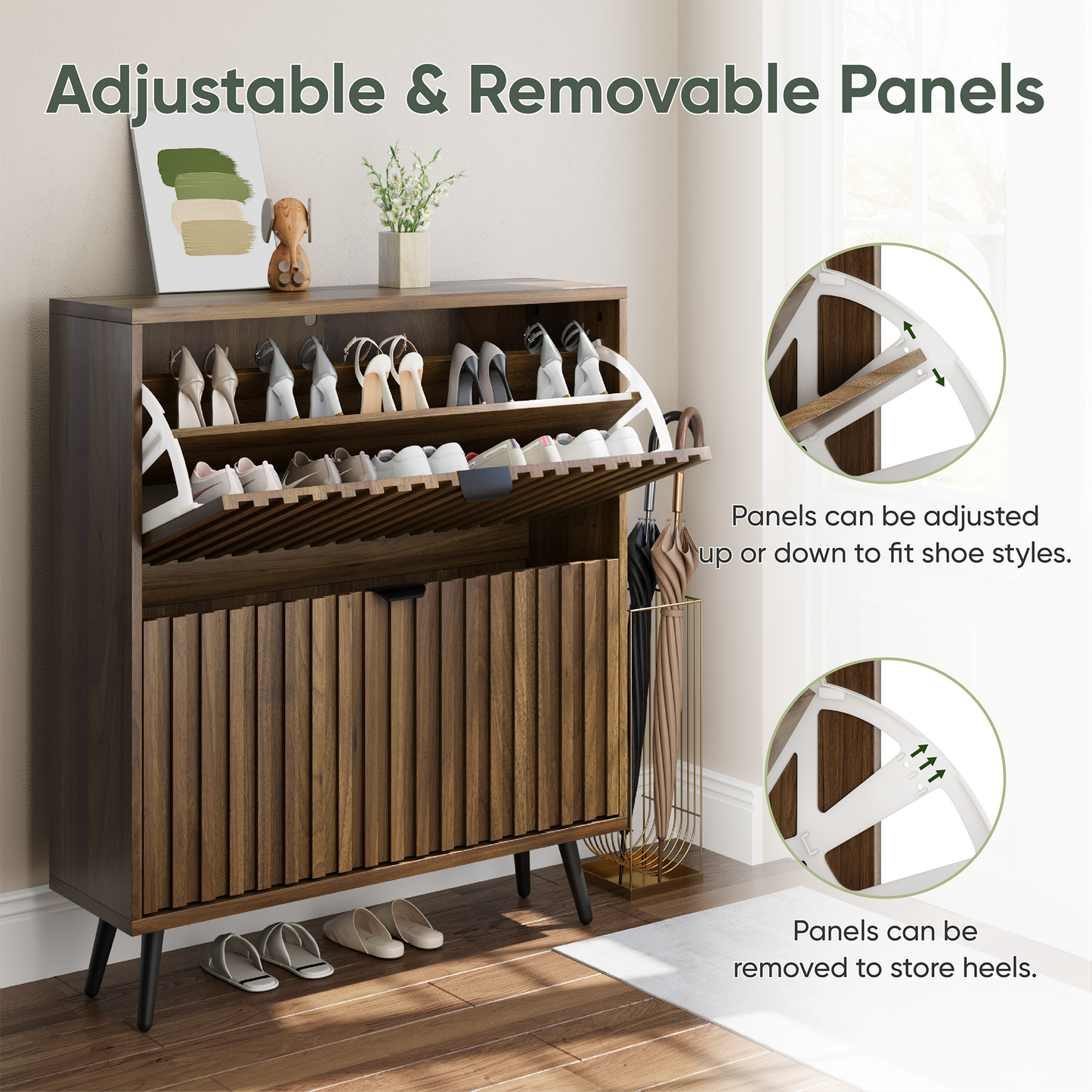 Semiocthome Shoe Cabinet with 2 Fluted Flip Drawers Freestanding Shoe Organizer for Entryway, Walnut