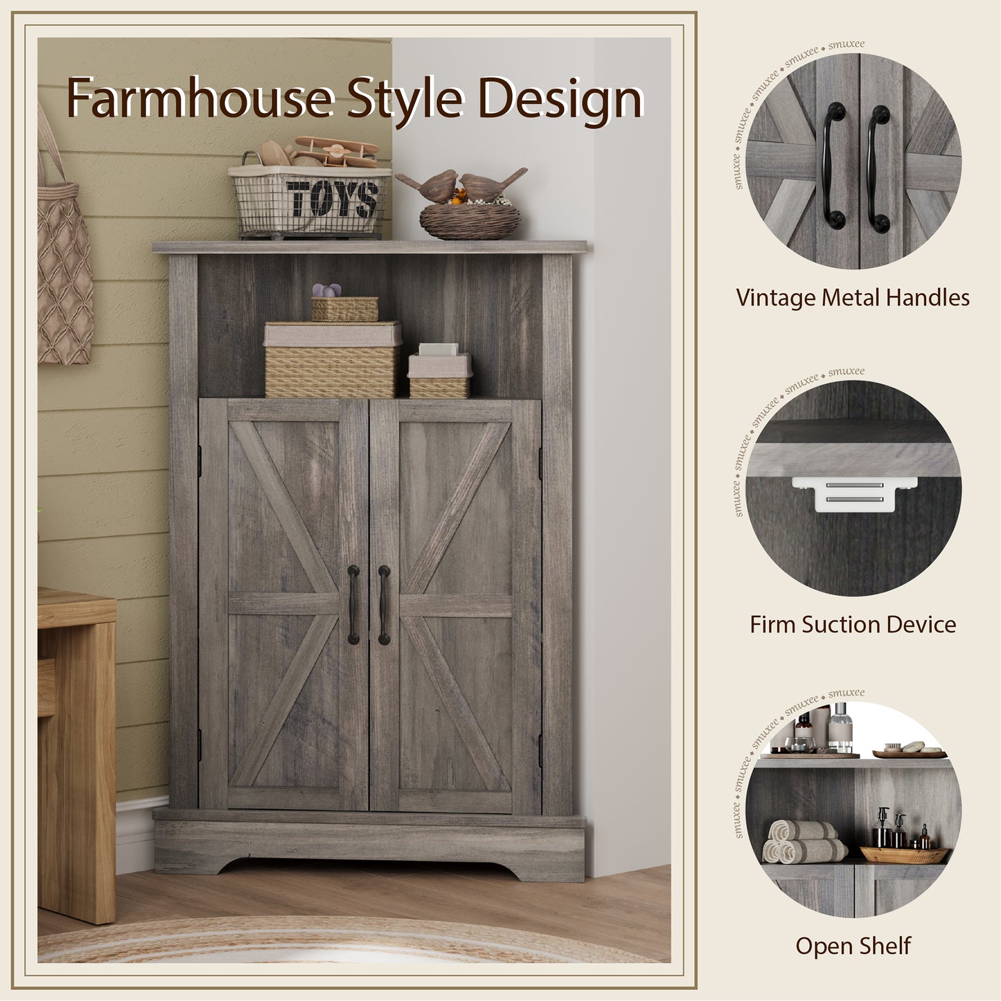 Semiocthome Farmhouse Bathroom Cabinet Corner Storage Cabinet, Barn Doors,Adjustable Shelves, Grey