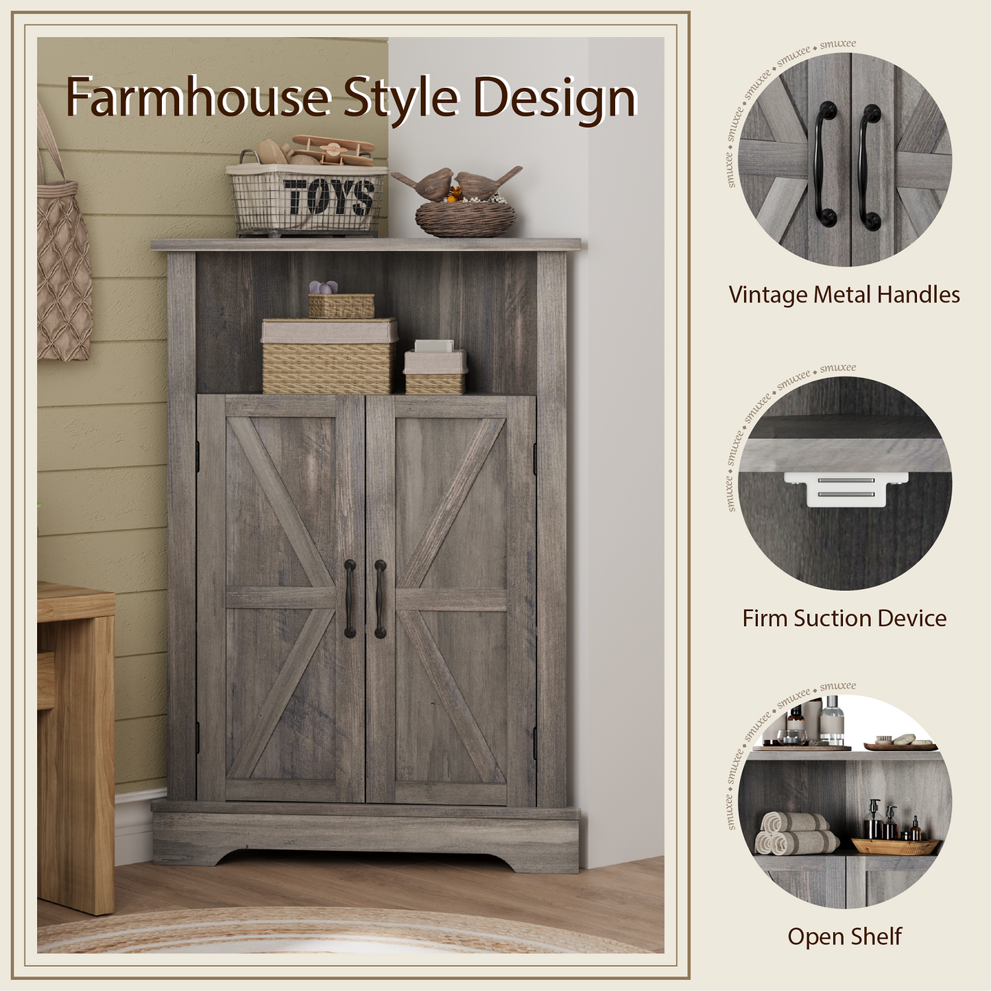 Smuxee Farmhouse Corner Bathroom Storage Cabinet, Freestanding Triangle Linen Organizer Cabinet with Barn Doors & Adjustable Shelves for Laundry Room