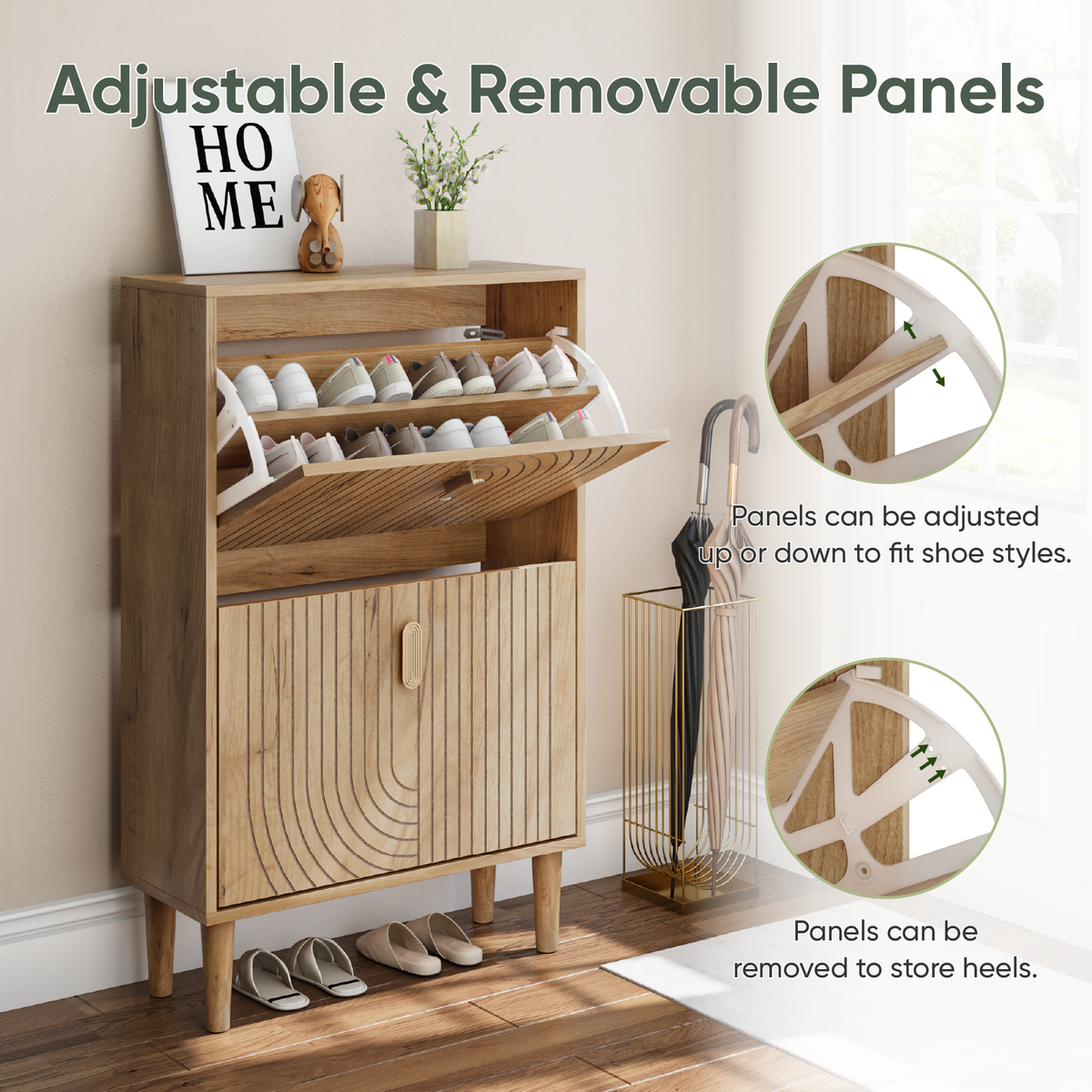 Semiocthome 23.6" Shoe Storage Cabinet with 2 Flip Drawers and Line Groove Design, Entryway, Natural