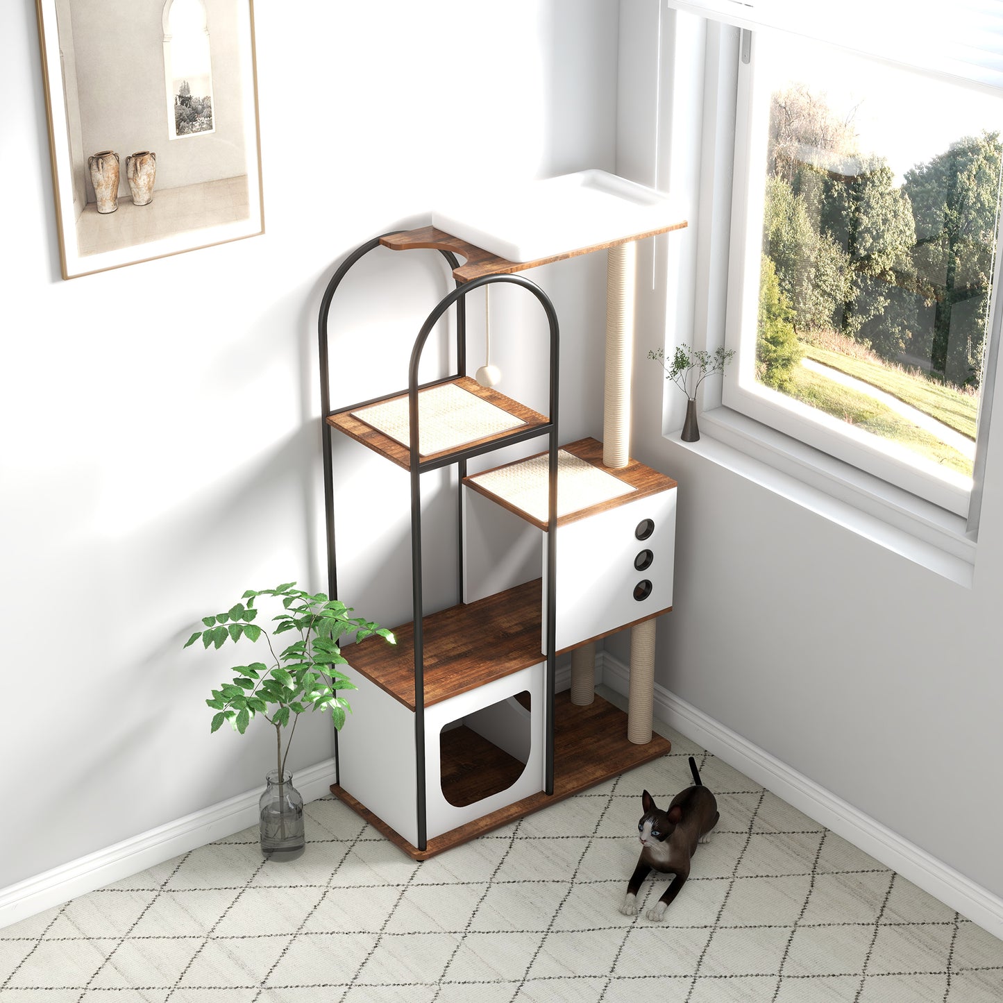 Smart FENDEE Wood Cat Tree Tower Kitty Climbing Pet House Cabinet with Shelves and Door, Brown
