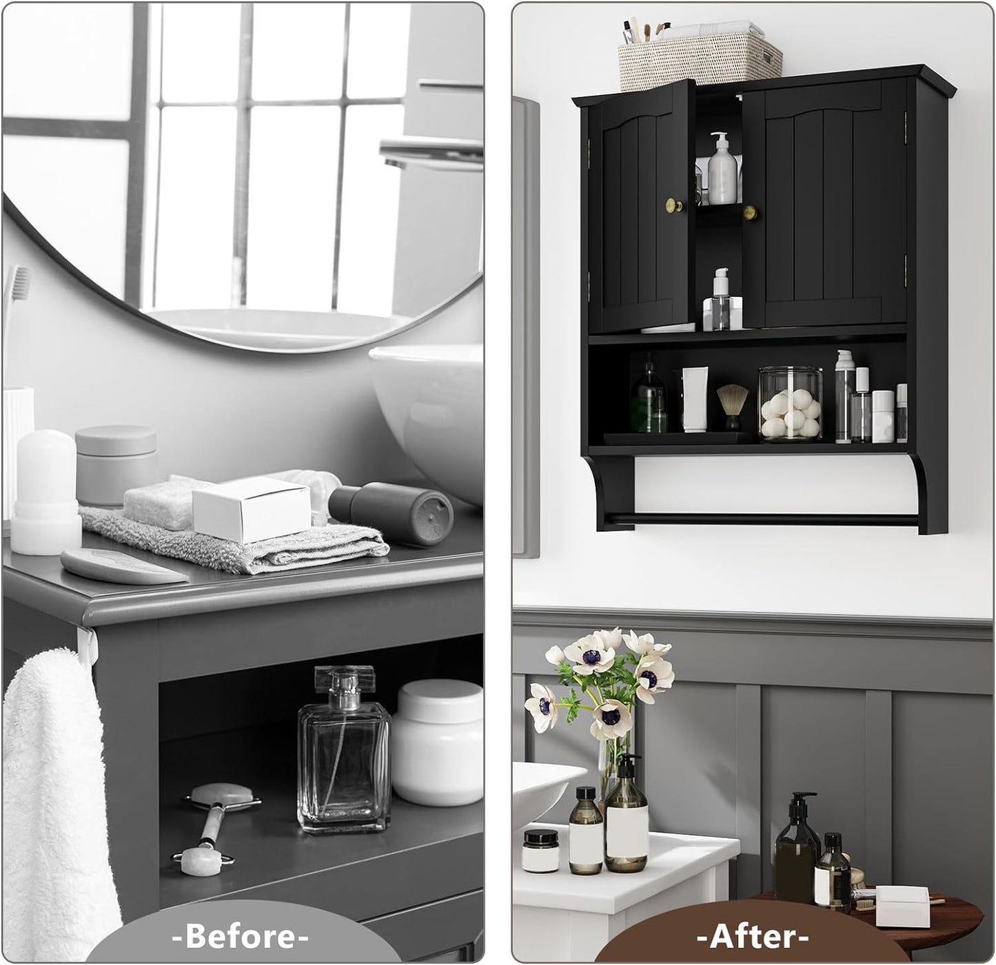 Semiocthome Bathroom Medicine Cabinet Wall Mounted Storage with Towel Bar and 2 Door in Black
