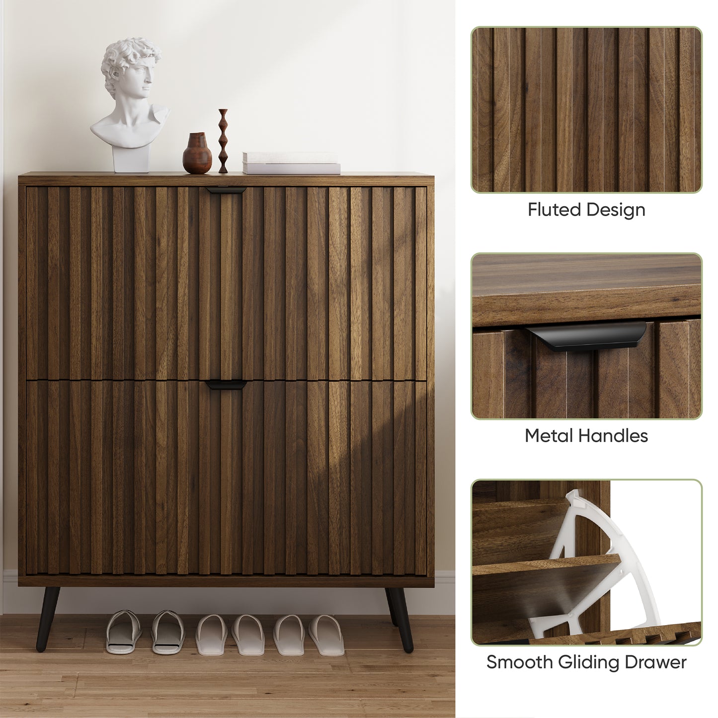 Semiocthome Shoe Cabinet with 2 Fluted Flip Drawers Freestanding Shoe Organizer for Entryway, Walnut, 31.5"W
