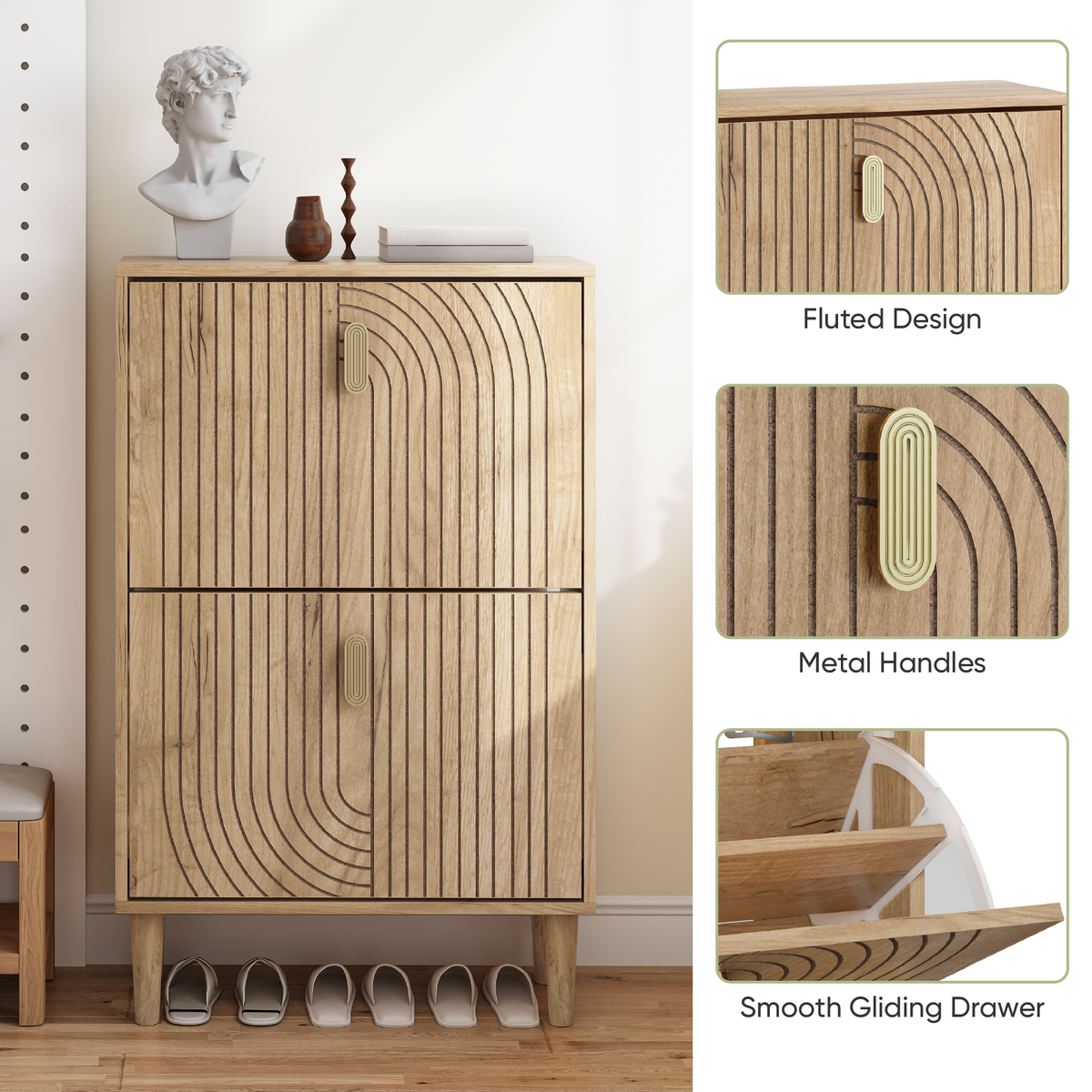 Semiocthome 23.6" Shoe Storage Cabinet with 2 Flip Drawers and Line Groove Design, Entryway, Natural