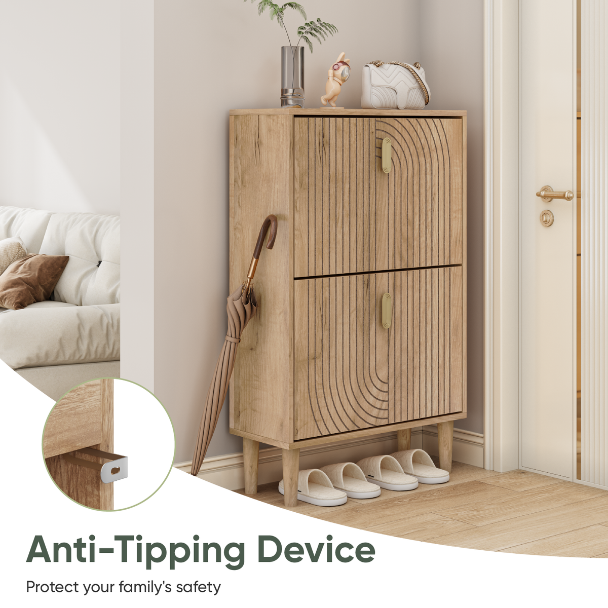 Semiocthome 23.6" Shoe Storage Cabinet with 2 Flip Drawers and Line Groove Design, Entryway, Natural