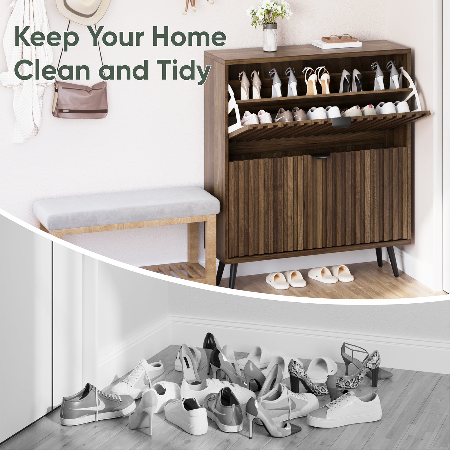 Semiocthome Shoe Cabinet with 2 Fluted Flip Drawers Freestanding Shoe Organizer for Entryway, Walnut, 31.5"W