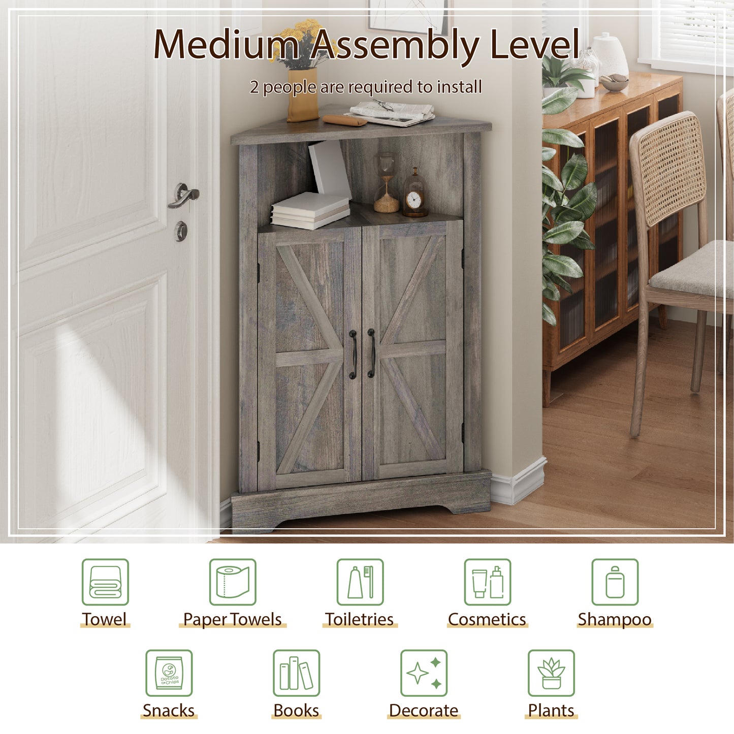 Semiocthome Farmhouse Bathroom Cabinet Corner Storage Cabinet, Barn Doors,Adjustable Shelves, Grey
