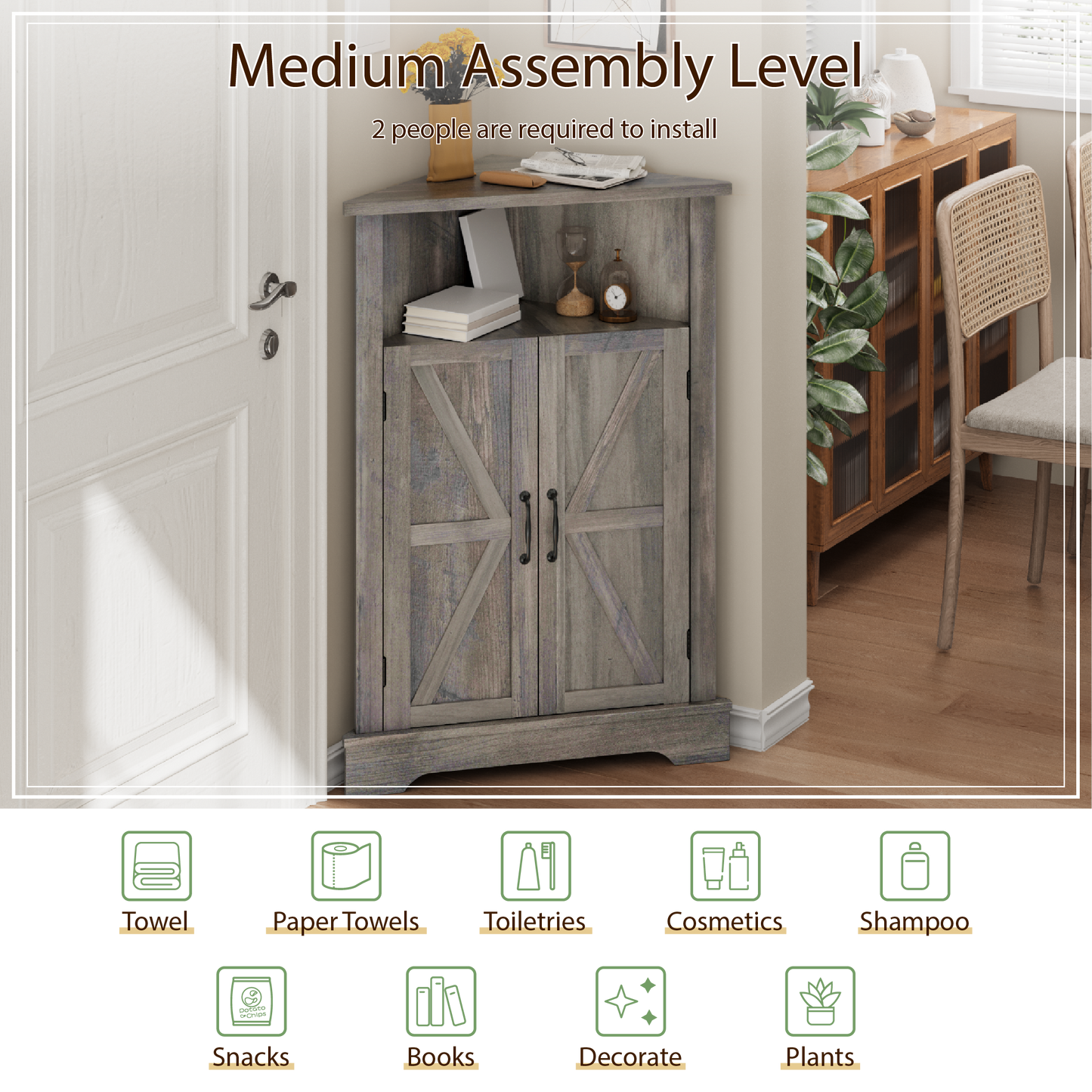 Smuxee Farmhouse Corner Bathroom Storage Cabinet, Freestanding Triangle Linen Organizer Cabinet with Barn Doors & Adjustable Shelves for Laundry Room