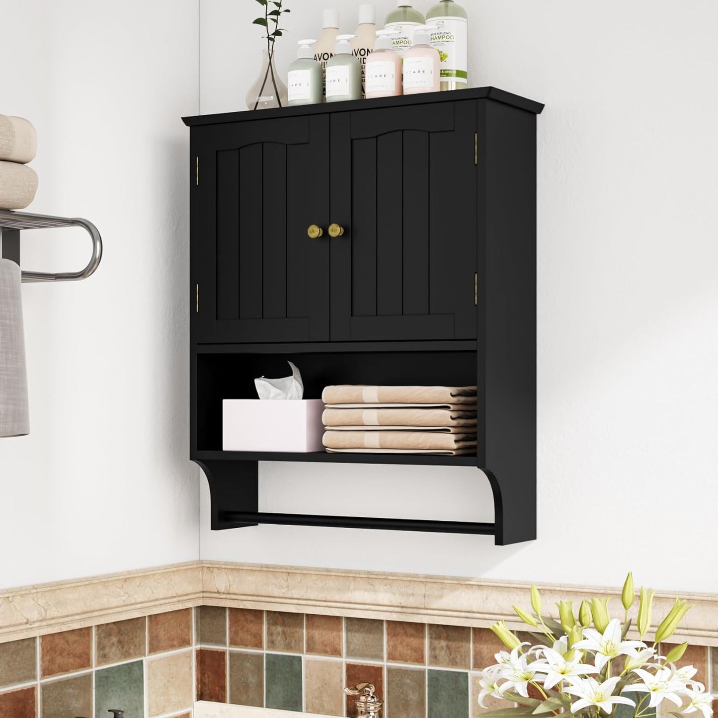 Semiocthome Bathroom Medicine Cabinet Wall Mounted Storage with Towel Bar and 2 Door in Black