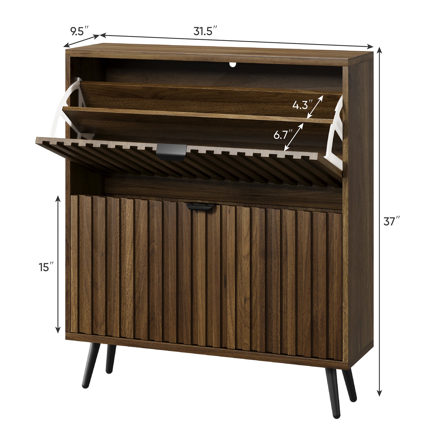 Semiocthome Shoe Cabinet with 2 Fluted Flip Drawers Freestanding Shoe Organizer for Entryway, Walnut, 31.5"W