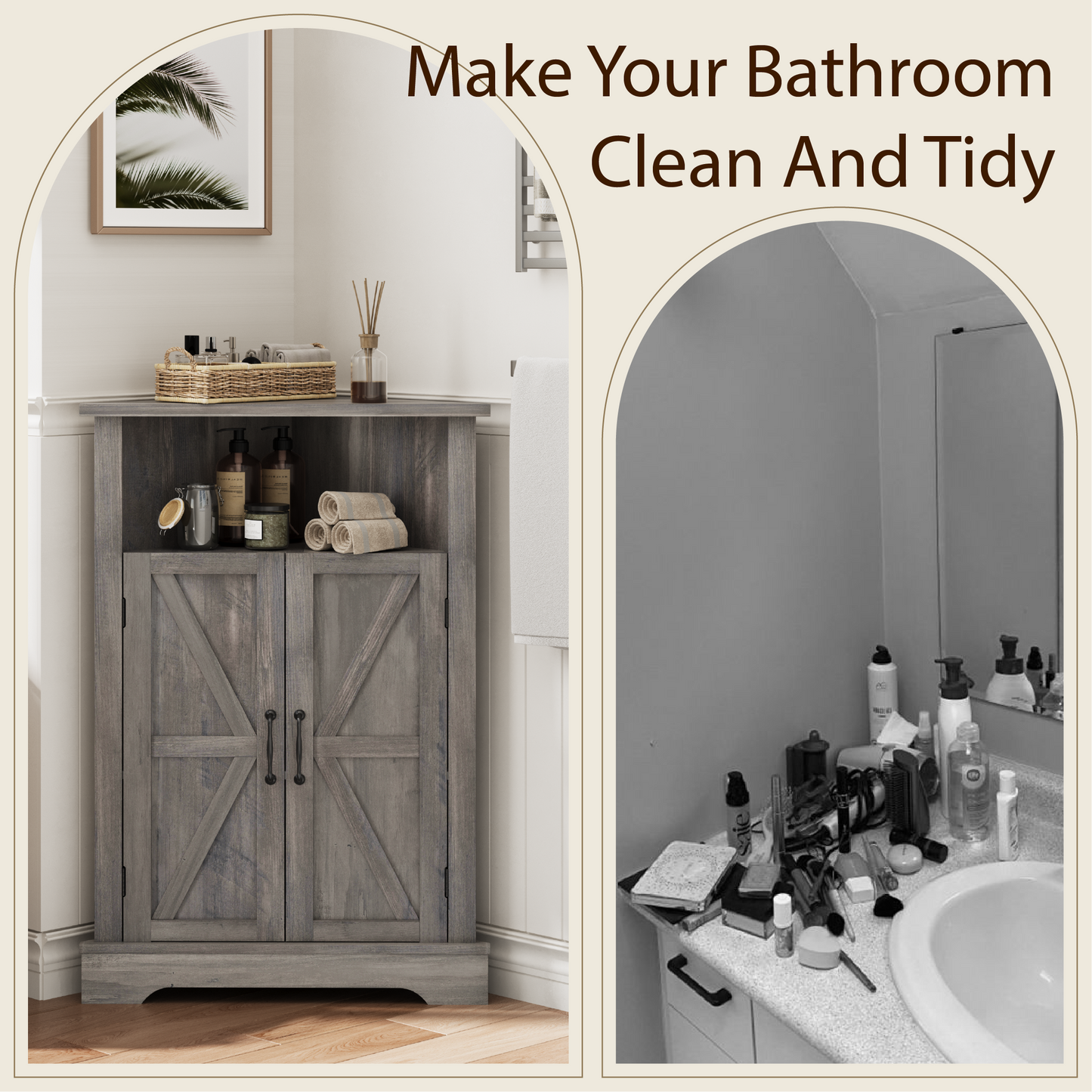 Smuxee Farmhouse Corner Bathroom Storage Cabinet, Freestanding Triangle Linen Organizer Cabinet with Barn Doors & Adjustable Shelves for Laundry Room