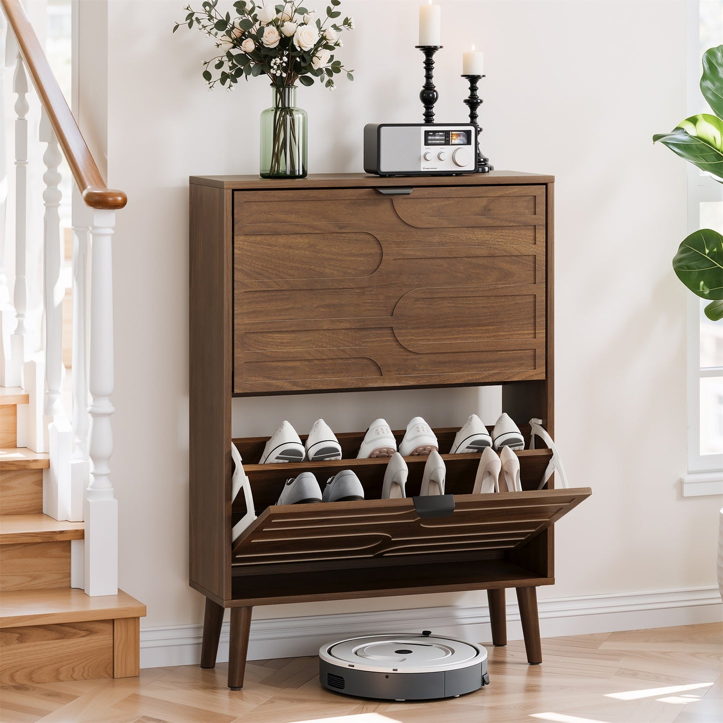 Semiocthome 23.6" Shoe Cabinet with 2 Flip Drawers Wood Shoe Organizer for Entryway, Walnut
