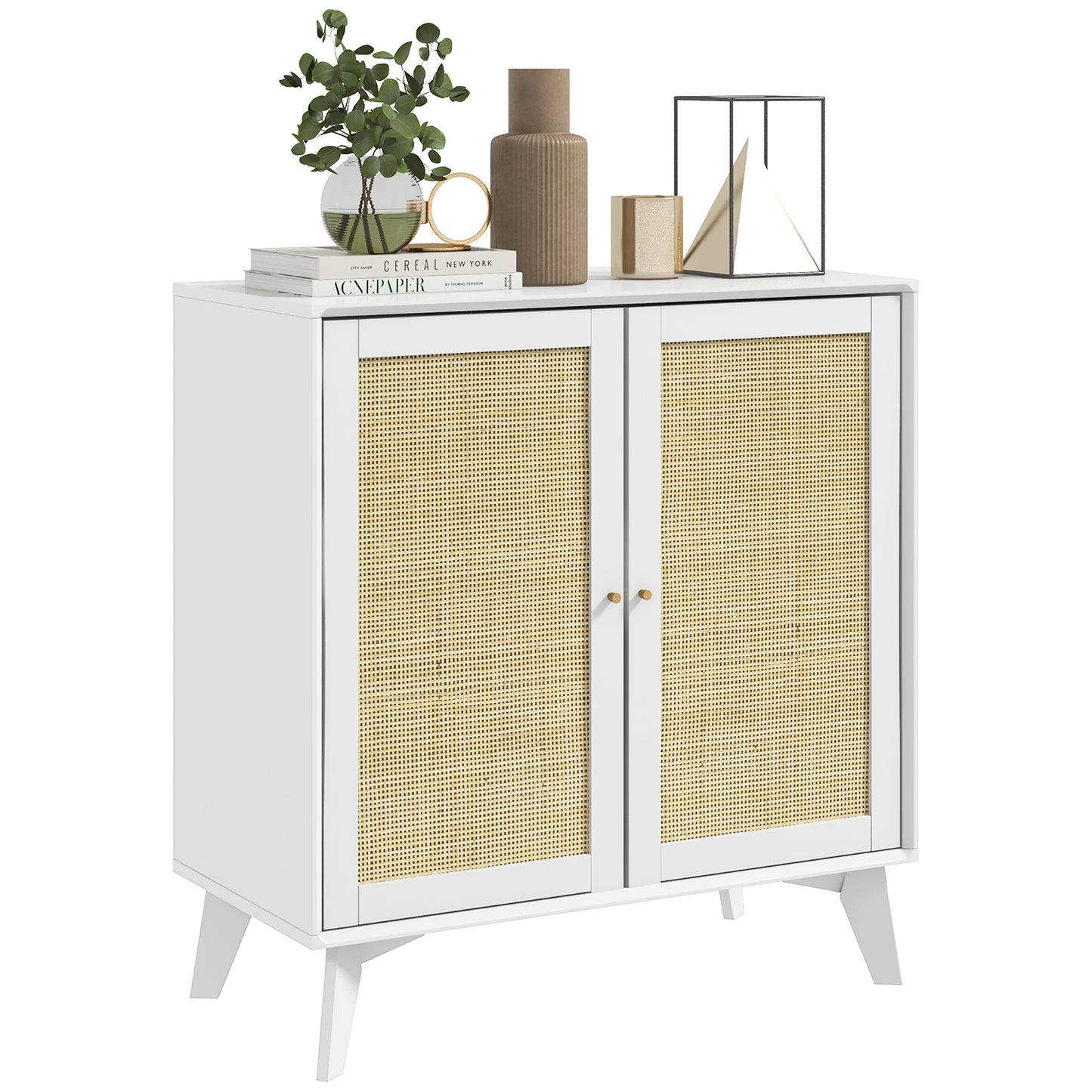 Smart FENDEE Wood Sideboard Buffet Kitchen Storage Cabinet with 2 Rattan Doors, White