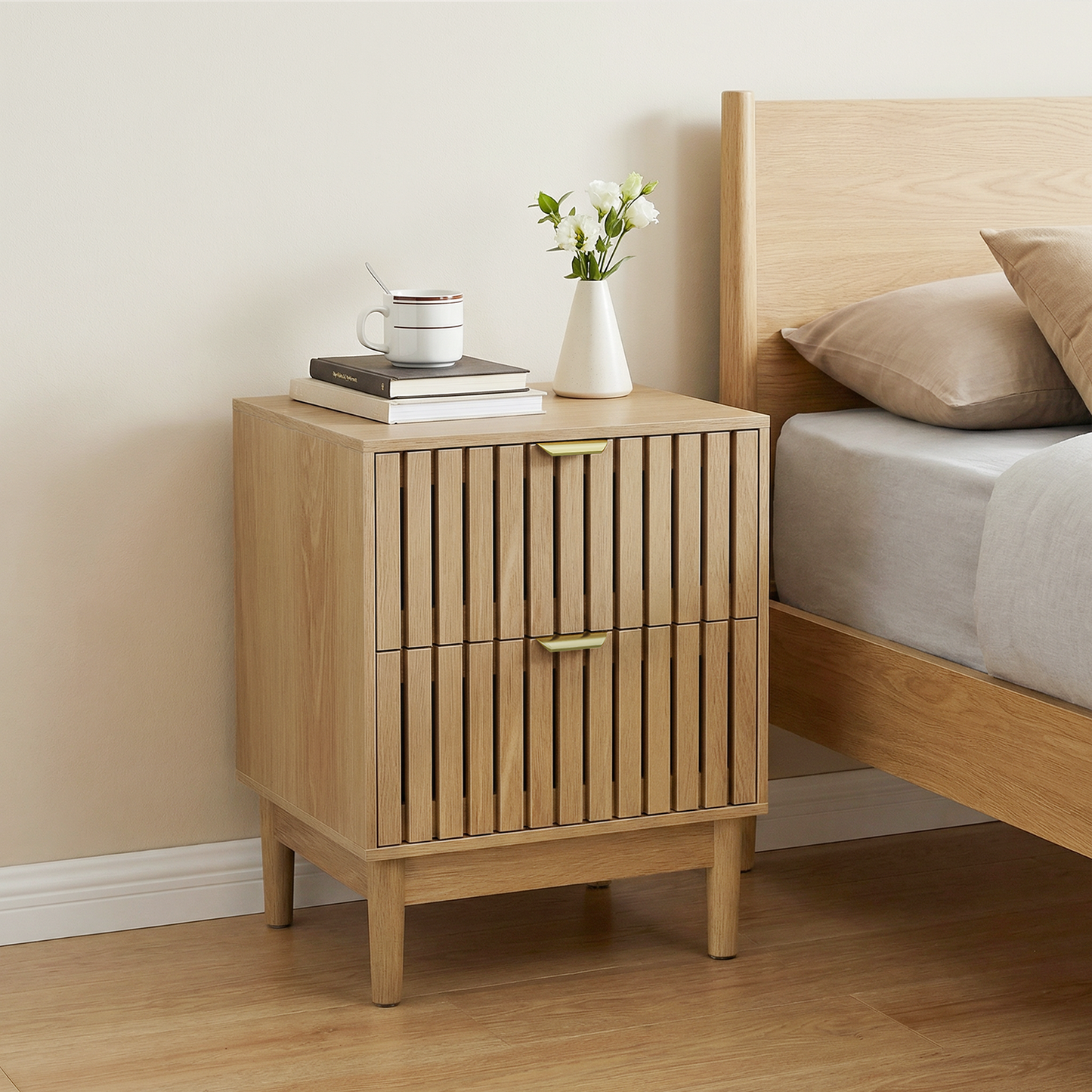 Semiocthome Nightstand Set of 2, Bedside Table with 2 Grille Drawers for Bedrooms, Natural Oak, Adult