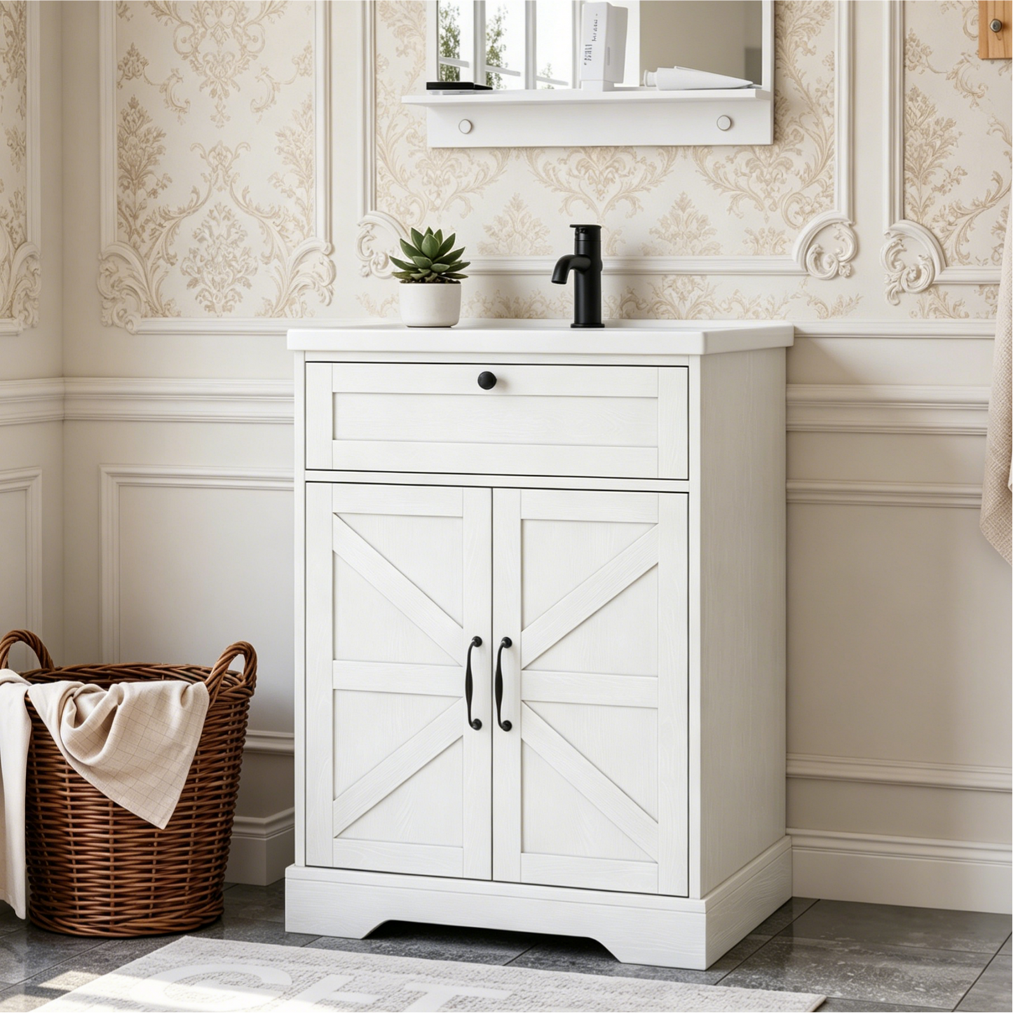 Smuxee Farmhouse Bathroom Vanity with Ceramic Sink Top, Upgrade Bathroom Storage Cabinet with Doors & Drawer