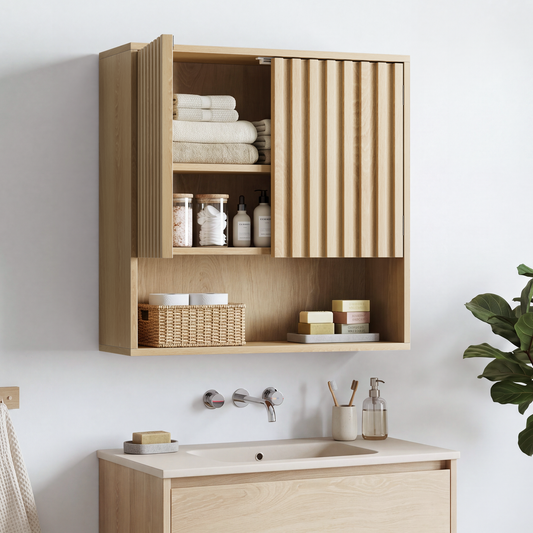 Semiocthome Medicine Cabinet Bathroom Wall Storage Cabinet with Fluted Doors and Adjustable Shelves, Natural Oak