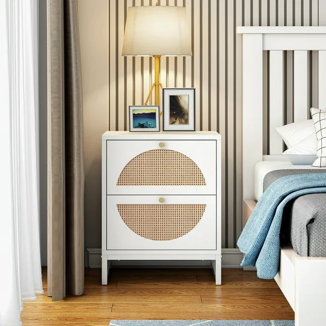 Smart FENDEE Wood Nightstand with 2 Rattan Drawers Bedside Table for Adult, Bedroom