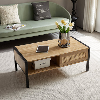Smart FENDEE Rattan Coffee Table with Sliding Door Storage and Metal Leg for Living Room