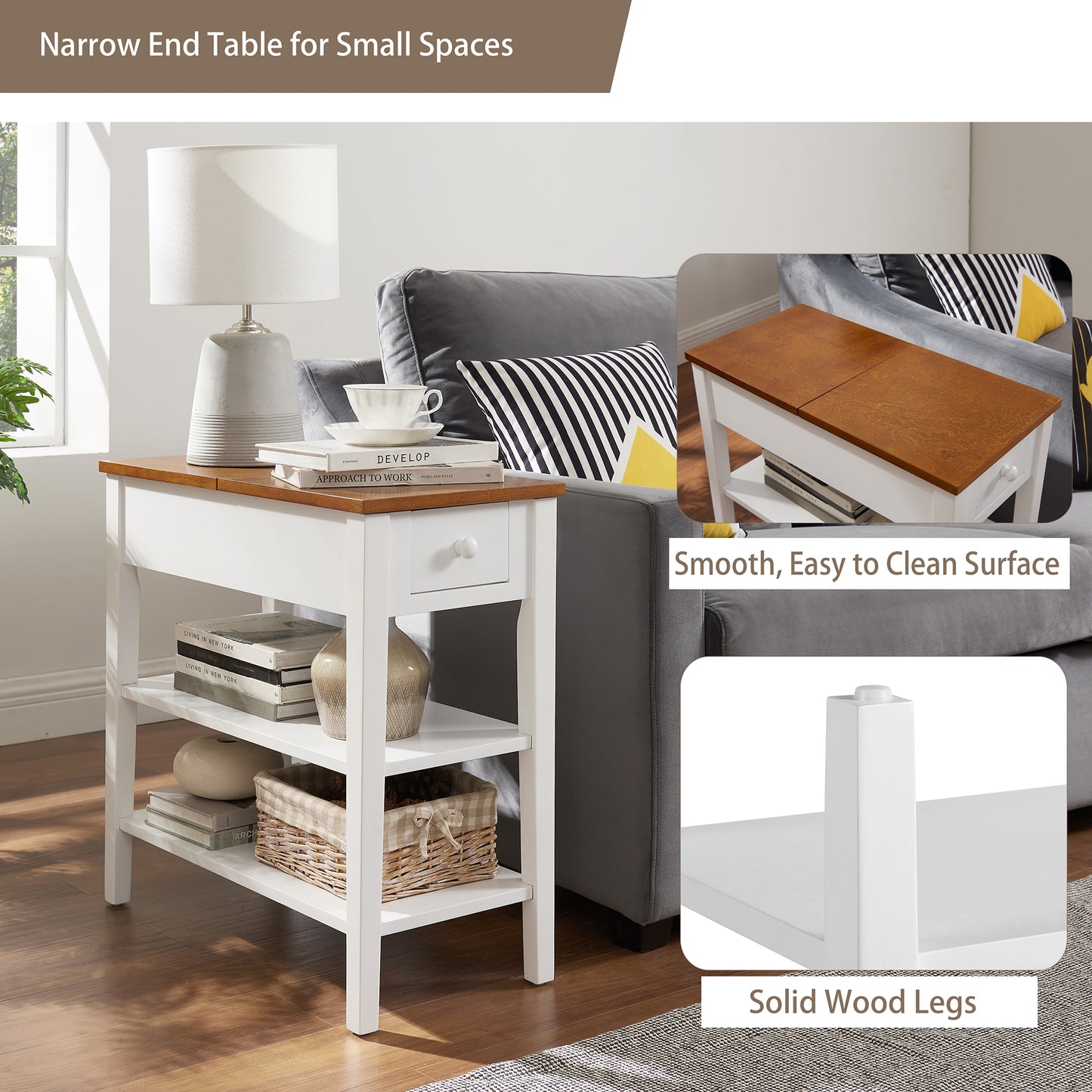 Smart FENDEE End Table with Charging Station and 1 Drawer, 2 Shelf, Solid Wood Legs, Bedroom,11.8"*24"*24.2"