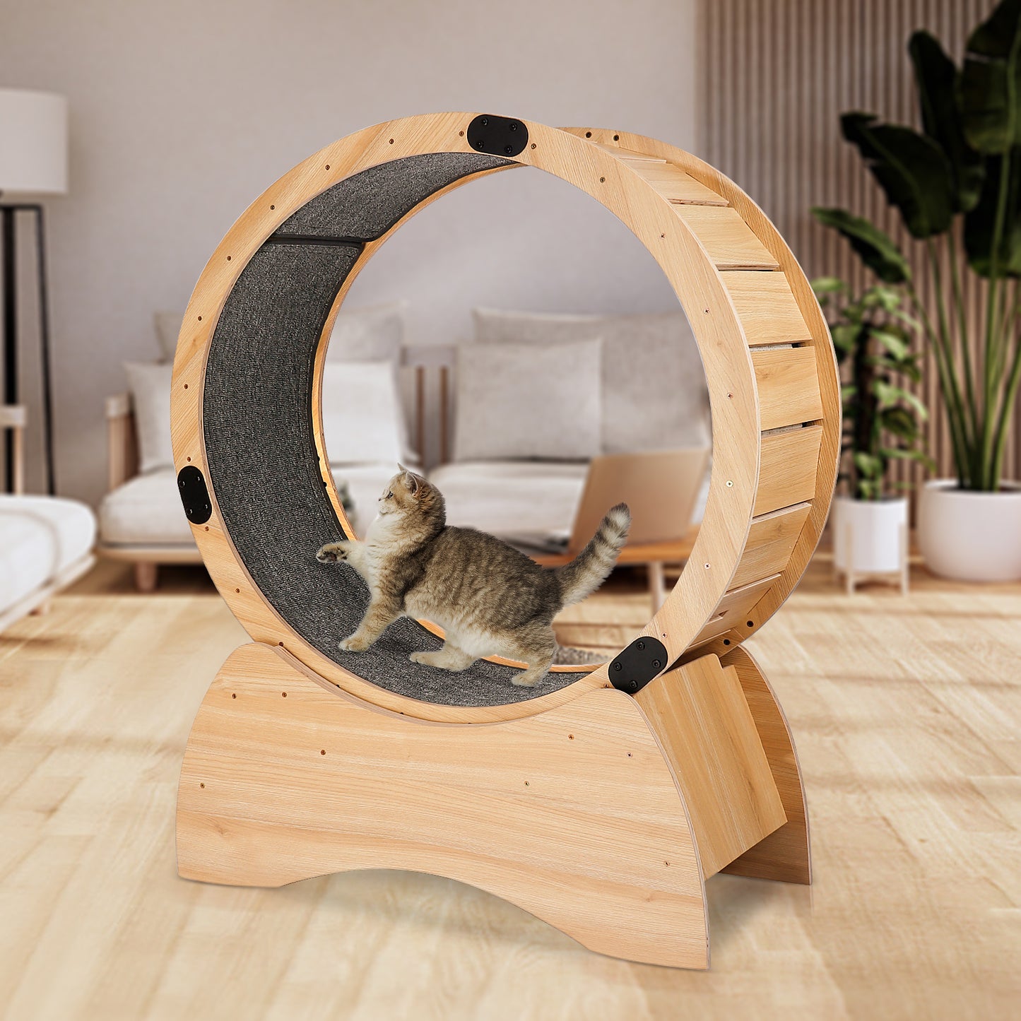 Smart FENDEE Cat Exercise Wheel Wood Treadmill with Carpeted Runway Kitty Sport Toy for Indoor
