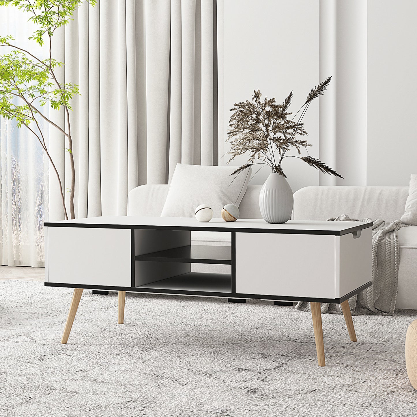 Smart FENDEE Wood Coffee Table with Storage Modern Center Table,White