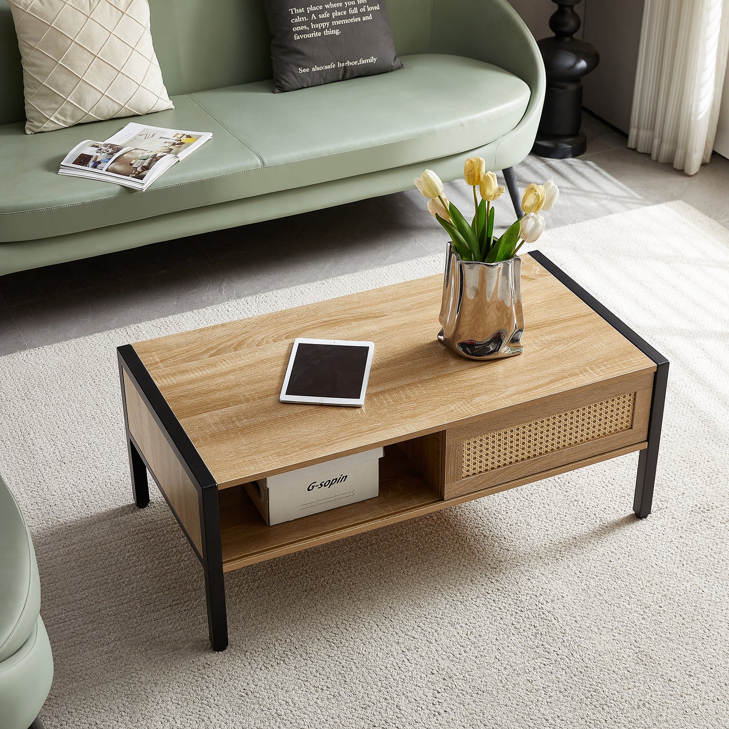 Smart FENDEE Rattan Coffee Table with Sliding Door Storage and Metal Leg for Living Room