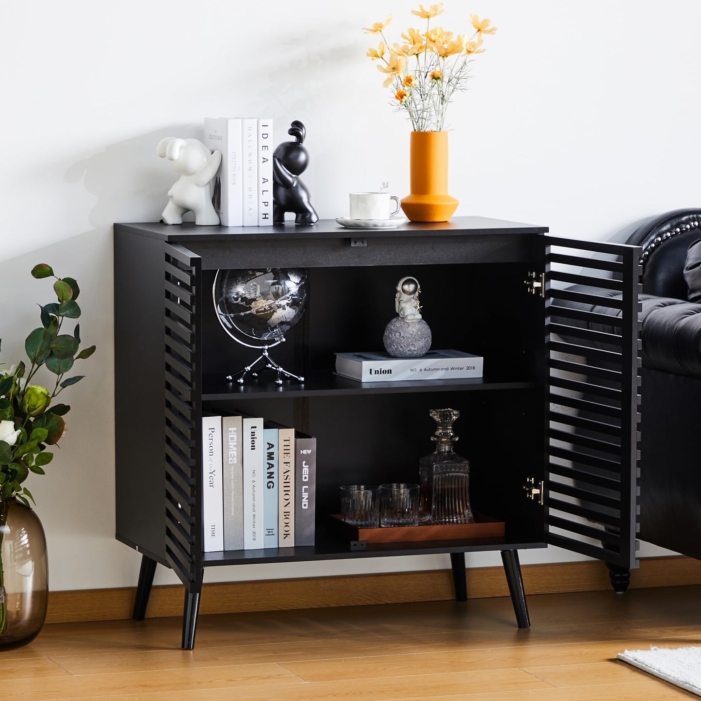 Smart FENDEE Modern Storage Cabinet with 2 Hollowed-Out Doors and 2-Tier Cupboard in Black,15.74"L