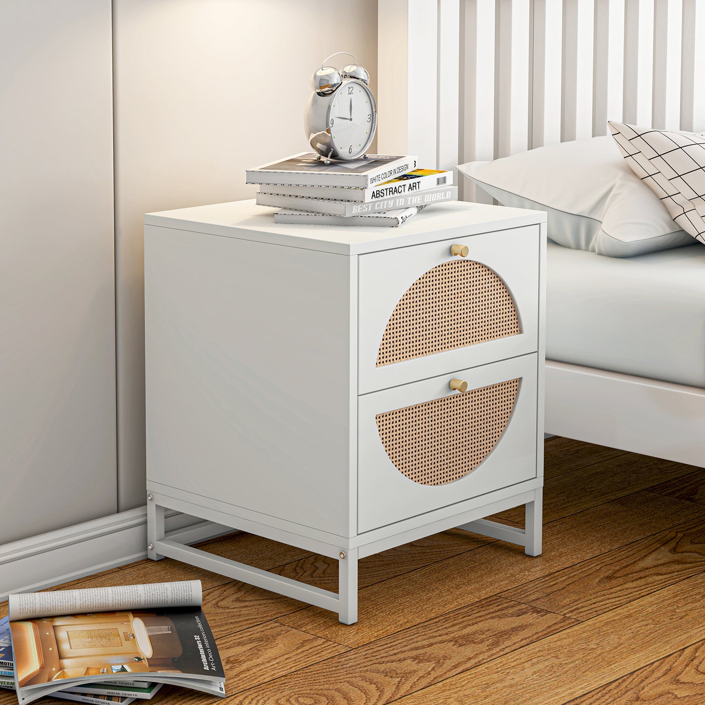 Smart FENDEE Wood Nightstand with 2 Rattan Drawers Bedside Table for Adult, Bedroom