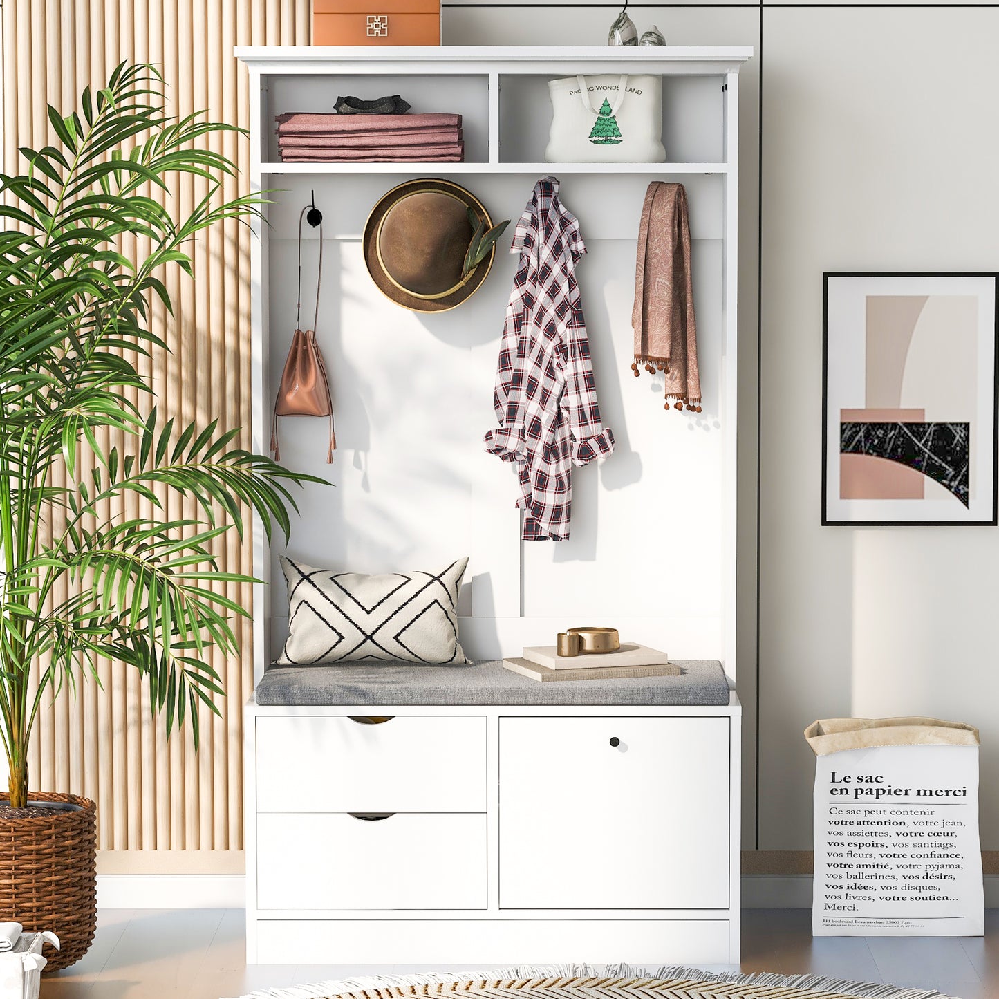 Smart FENDEE 71" Entryway Hall Tree with Coat Rack and Shoe Storage Bench, 4 Sturdy Hooks