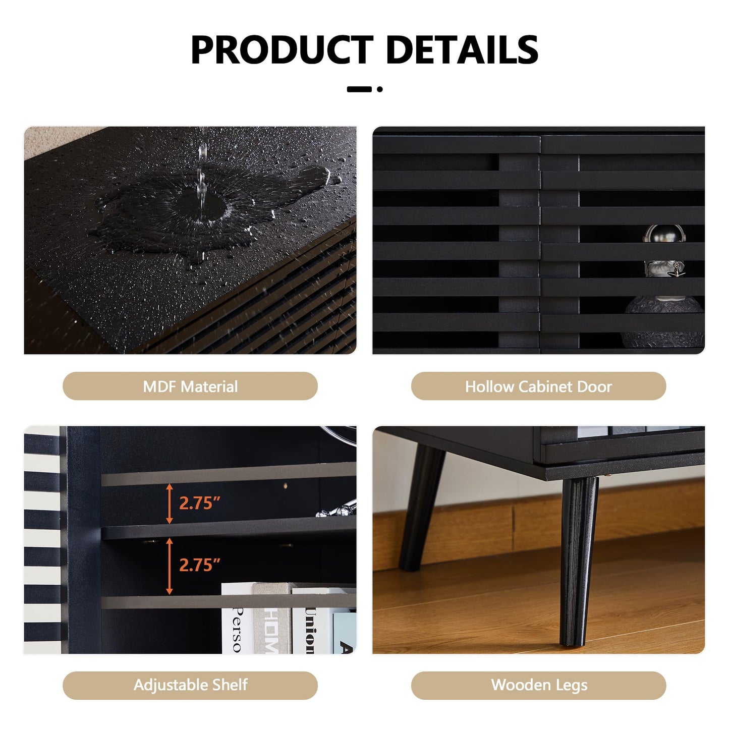 Smart FENDEE Modern Storage Cabinet with 2 Hollowed-Out Doors and 2-Tier Cupboard in Black,15.74"L
