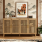 Algherohein Modern Sideboard Buffet with Slatted Barn Doors, Wood Accent Storage Consol, TV Stand, Coffee Bar for Dining Room