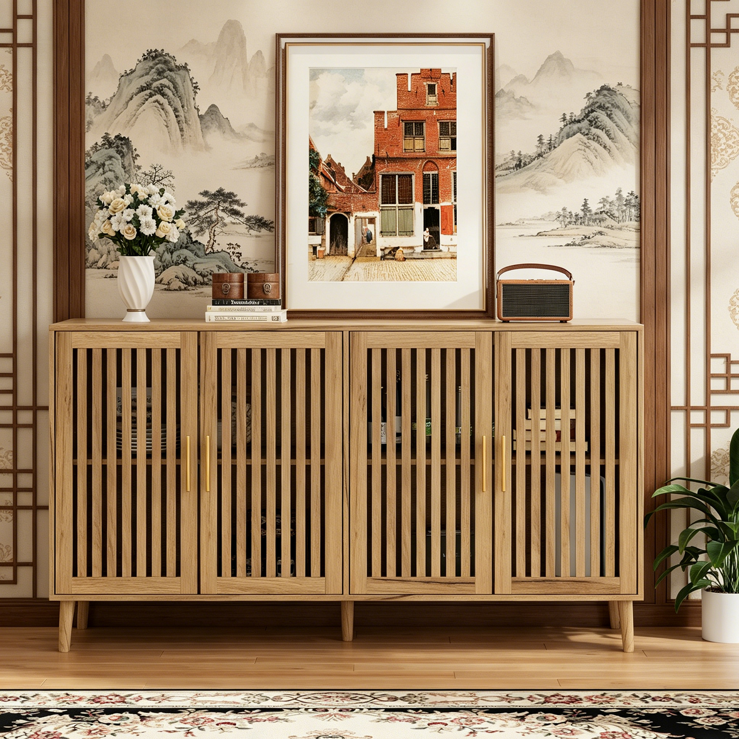 Algherohein Modern Sideboard Buffet with Slatted Barn Doors, Wood Accent Storage Consol, TV Stand, Coffee Bar for Dining Room