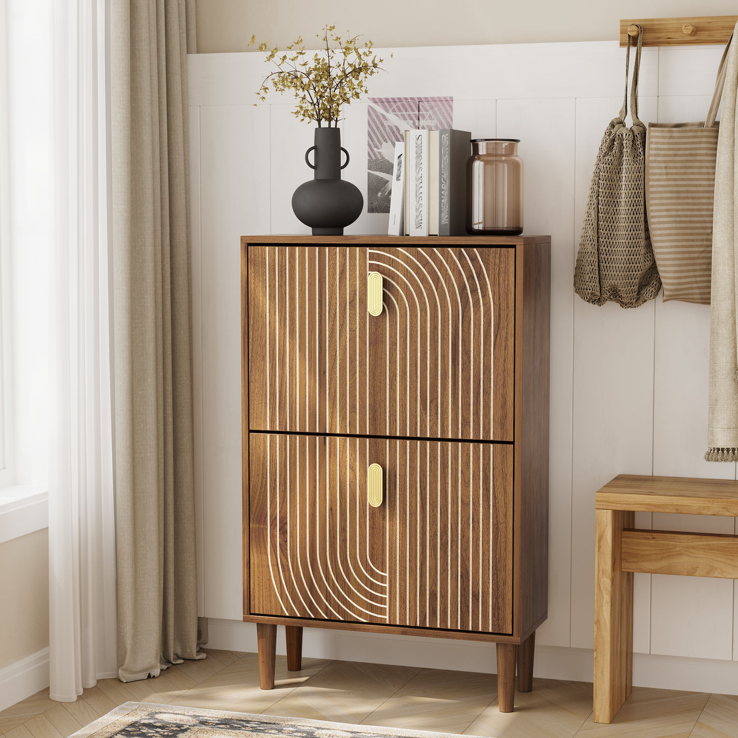 Smart FENDEE Shoe Cabinet with 2 Flip Drawers, Shoe Rack for Entryway, Hallway, Living Room, Walnut