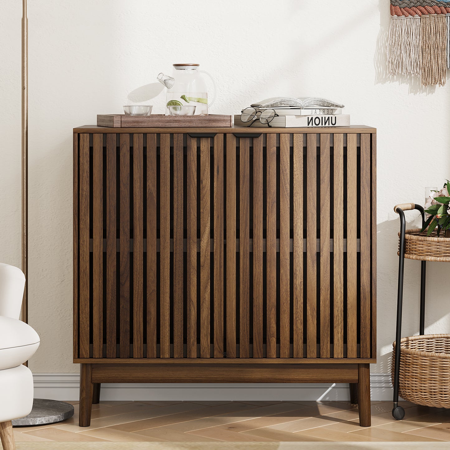 Semiocthome 31.5” Buffet Cabinet with 2 Slatted Doors and 1 Adjustable Shelf for Kitchen, Walnut