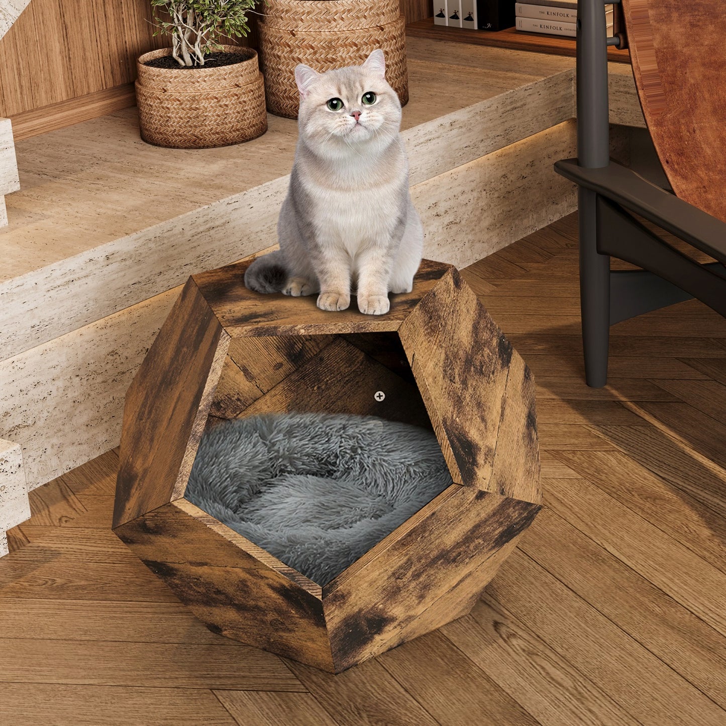 Algherohein Indoor Cat House Pet End Table,Wood Cat Bed Furniture for Living Room Bedroom