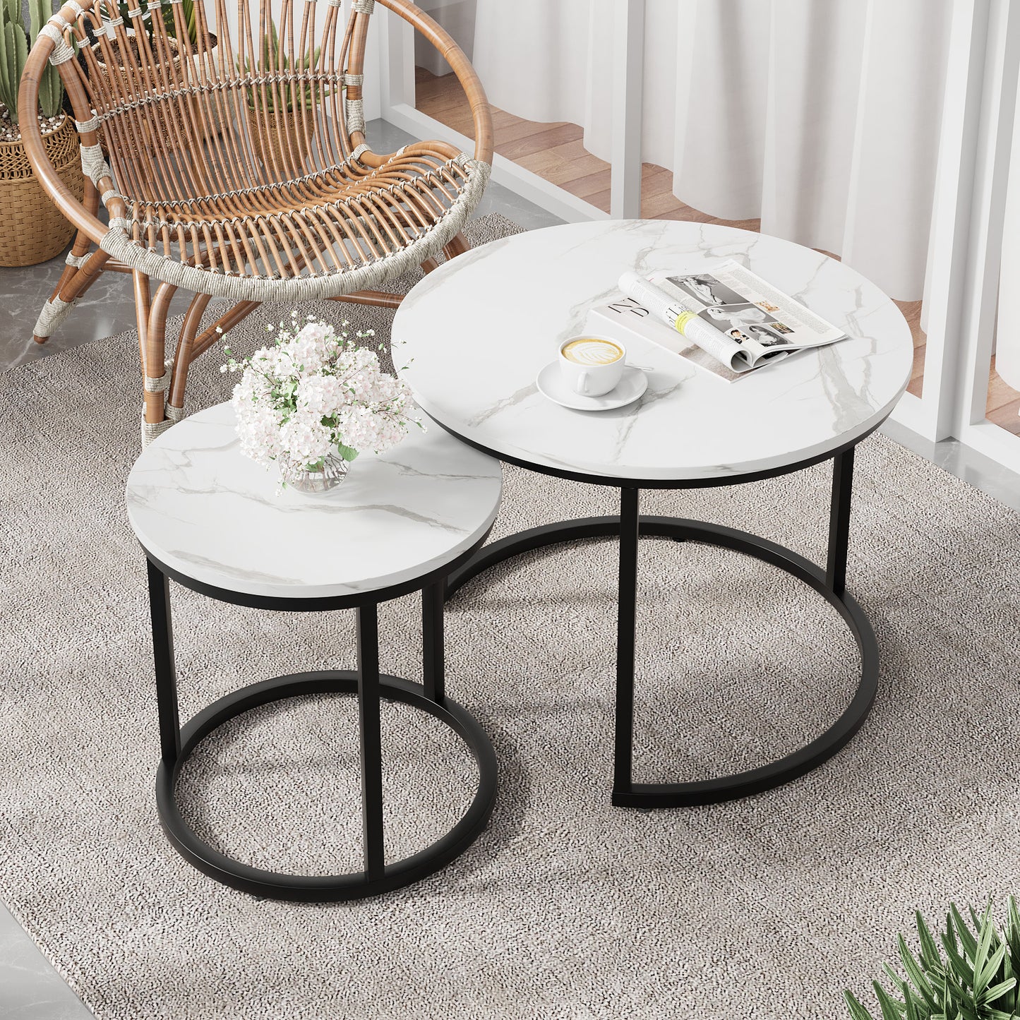 Algherohein Round Nesting Coffee Table Modern Set of 2 for Living Room