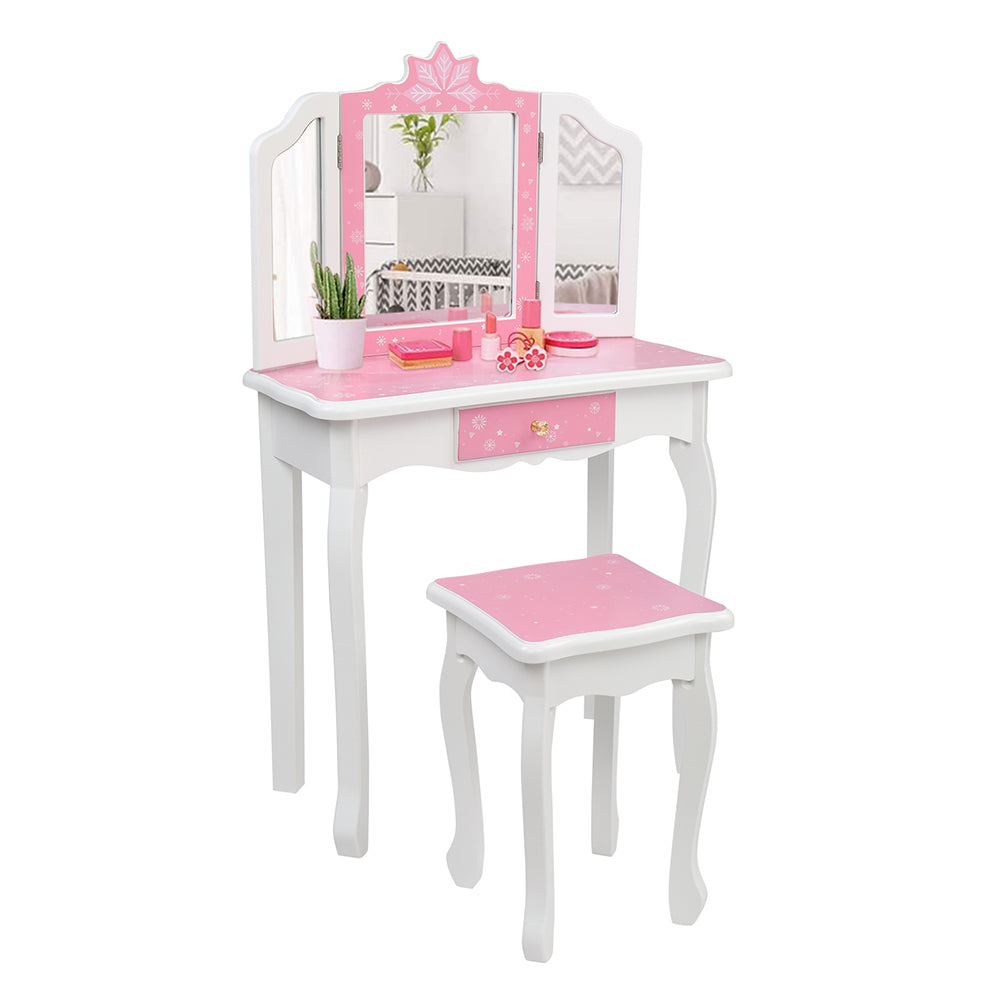 Smuxee Kids Vanity Table Sets for Girls, Snowflake Style Bedroom Makeup Vanity with Mirror