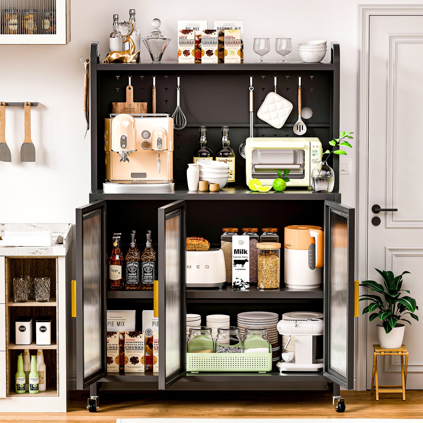Algherohein Kitchen Pantry Storage Cabinet with Wheels, Transparent Doors and DIY Nail Board
