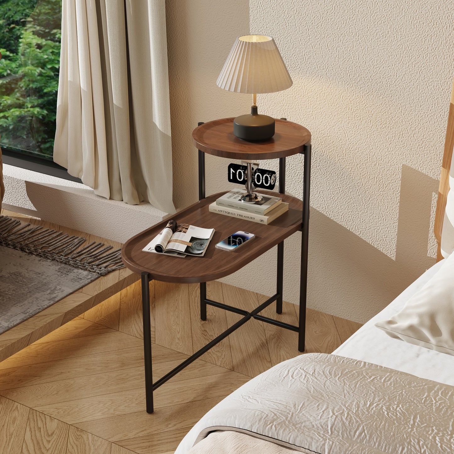 Algherohein 2 Tier Oval End Table for Living Room,Indoor Small Tray Table Side Table