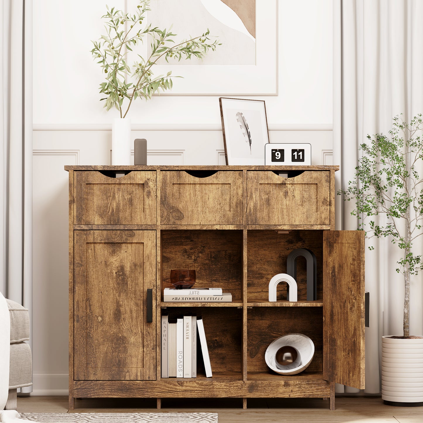 Smuxee Modern Storage Cabinets with 3 Drawer and Shelves,Living Room Kitchen Buffet Cabinet