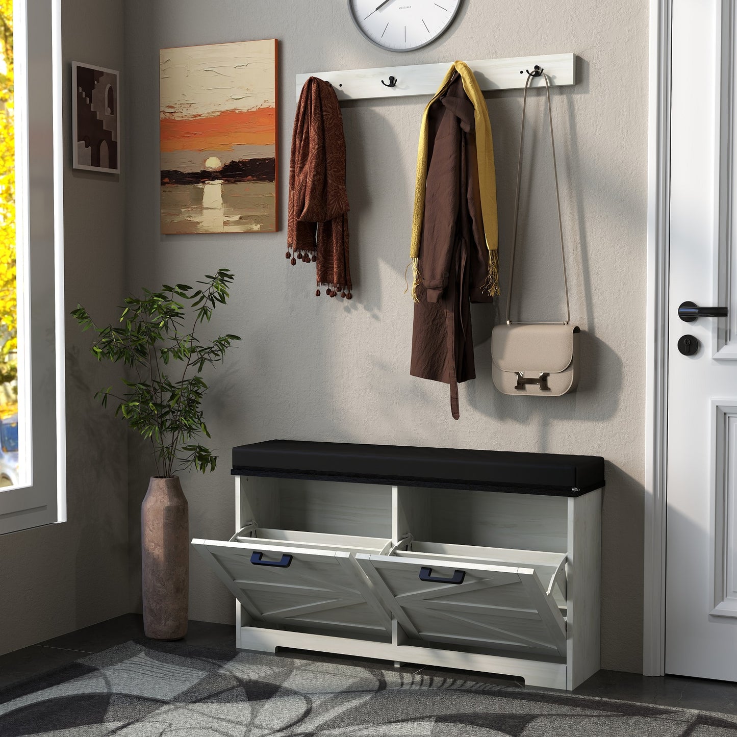 Smuxee Farmhouse Shoe Cabinet with 2 Adjustable Flip Drawer,Entryway Bench with Storage Set,White