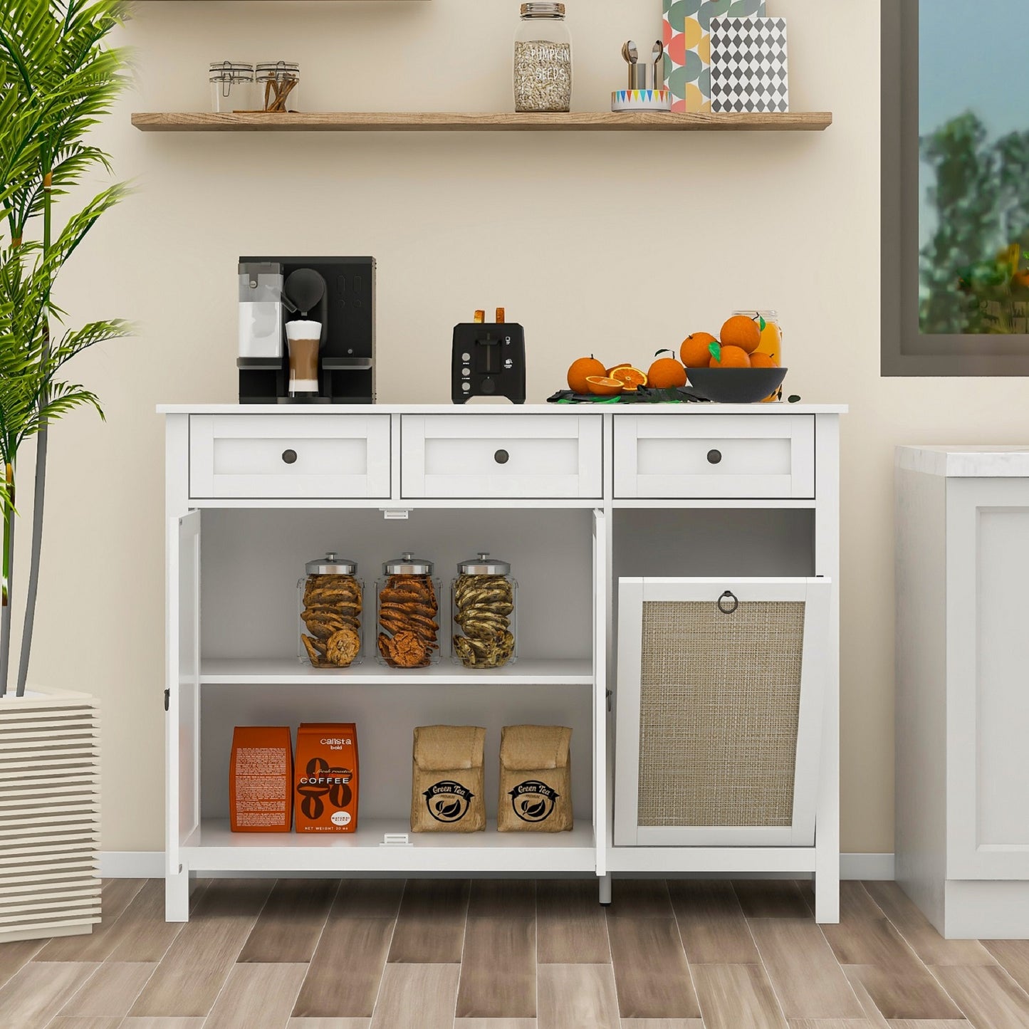 Algherohein Wood Kitchen Trash Can Storage Cabinet,Dining Room Sideboards and Buffets Recycling Bin