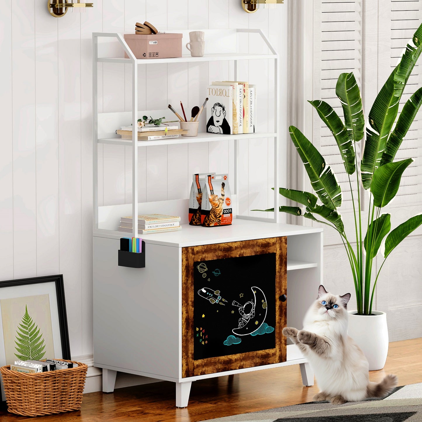 Algherohein Wood Cat Litter Box Enclosure with 2 Shelves and 1 Door,Graffiti Hidden Cat Box