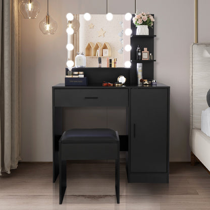 Smuxee Modern Drawer Vanity Set with Mirror and LED Lights,Makeup Dresser Table with 3 Shelves