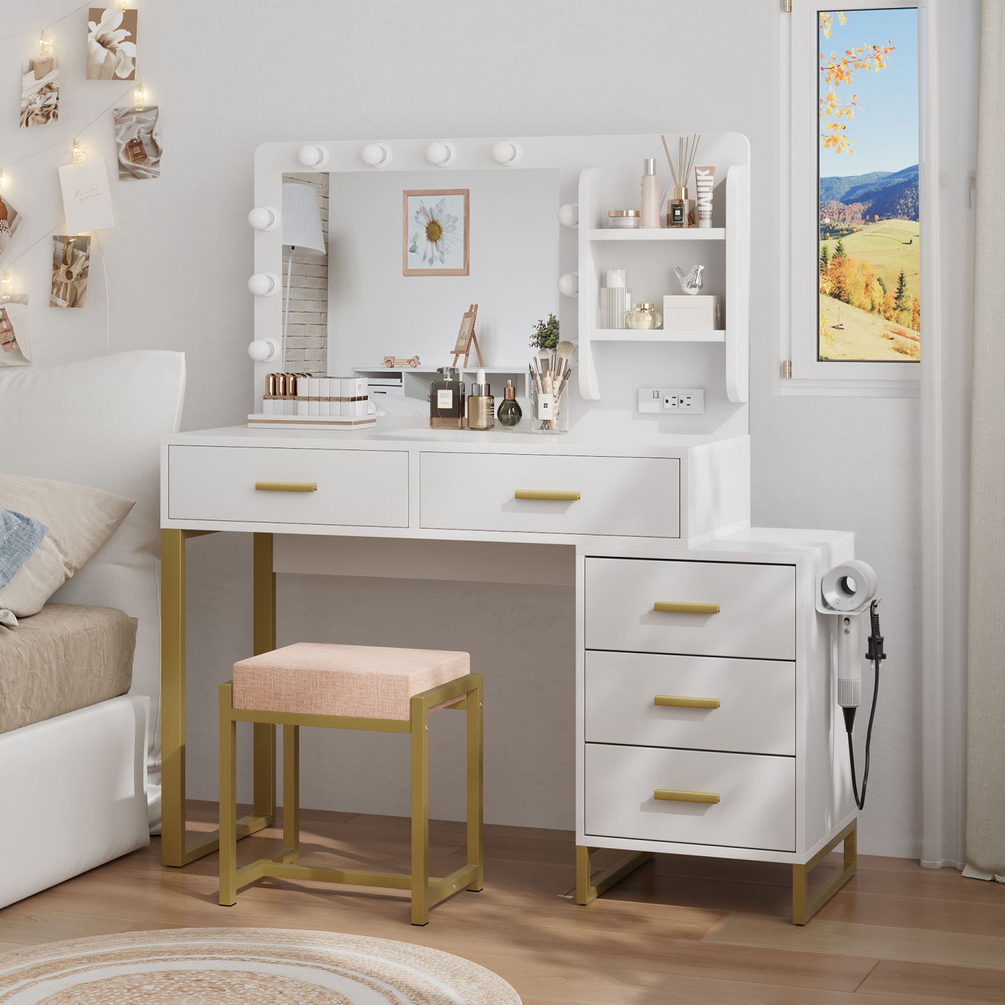 Algherohein Vanity Set with Mirror and Charging Station,Modern Makeup Vanity for Bedroom