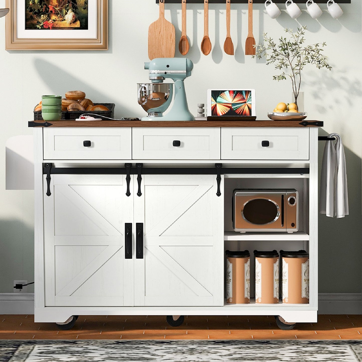 Algherohein Kitchen Island Cart with 2 Sliding Door and 3 Drawer,Storage Microwave Cart